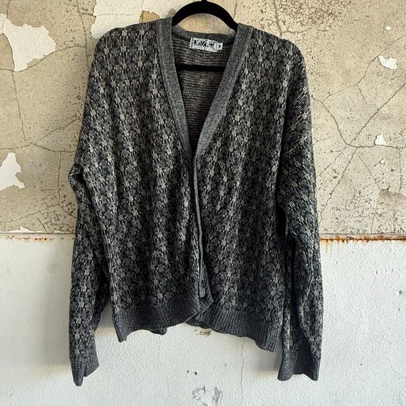 Vtg Grandpa Cardigan Geometric Knit Button Front Grey Neutral Lavane NY Unisex M - Picture 1 of 7